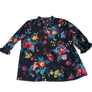 Lane Bryant Floral Print Black Textured Blouse With 3/4 Sleeves Womens Plus Size